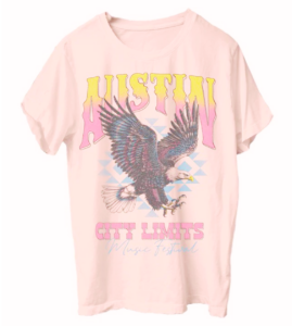 a pink Retro Band-Inspired Graphic Tee from Austin City Limits 2024